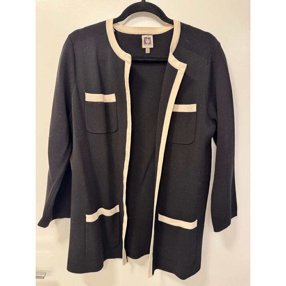 Anne Klein Open Front Black Cream Long Cotton Blend Cardigan Sweater Old Money M